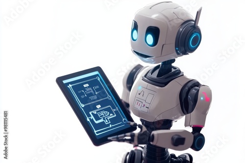 a futuristic illustration of a robot holding a tablet with a flowchart on the screen, symbolizing automation and process optimization illustration