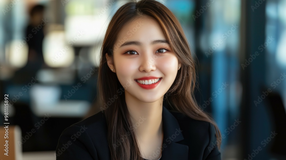 Beautiful successful young asian korean girl manager or CEO in the office smiling at camera Beautiful successful young asian korean girl manager or CEO in the office smiling at camera