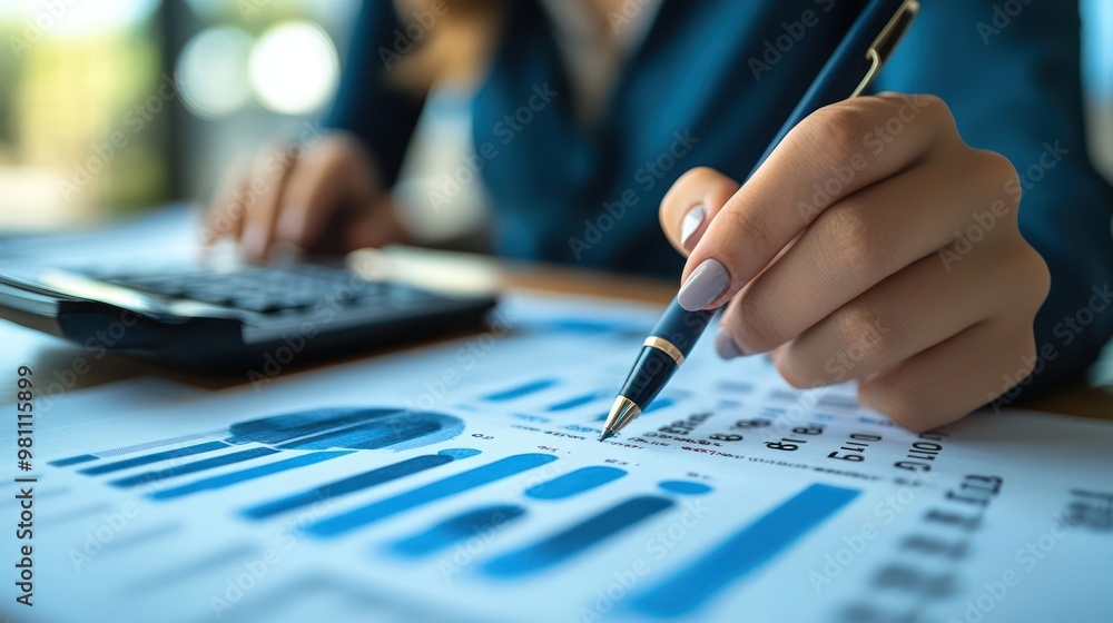 Business woman calculating financial report, cost control and budgeting with business data graph growth chart Business woman calculating financial report, cost control and budgeting with business data graph growth chart