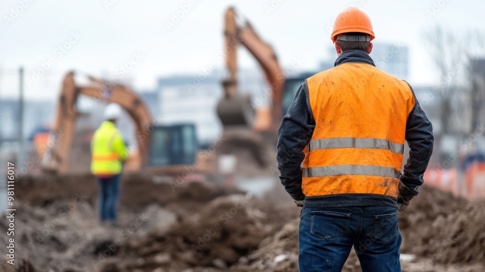 Construction workers observing excavation site activity Construction workers observing excavation site activity