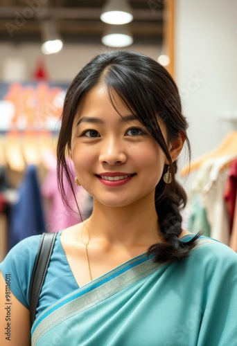 A woman in a dress with a blue and orange top
 photo