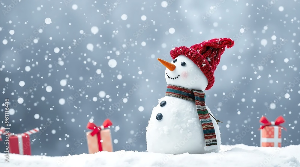 Festive Snowman with Red Hat in Winter Snowfall Festive Snowman with Red Hat in Winter Snowfall