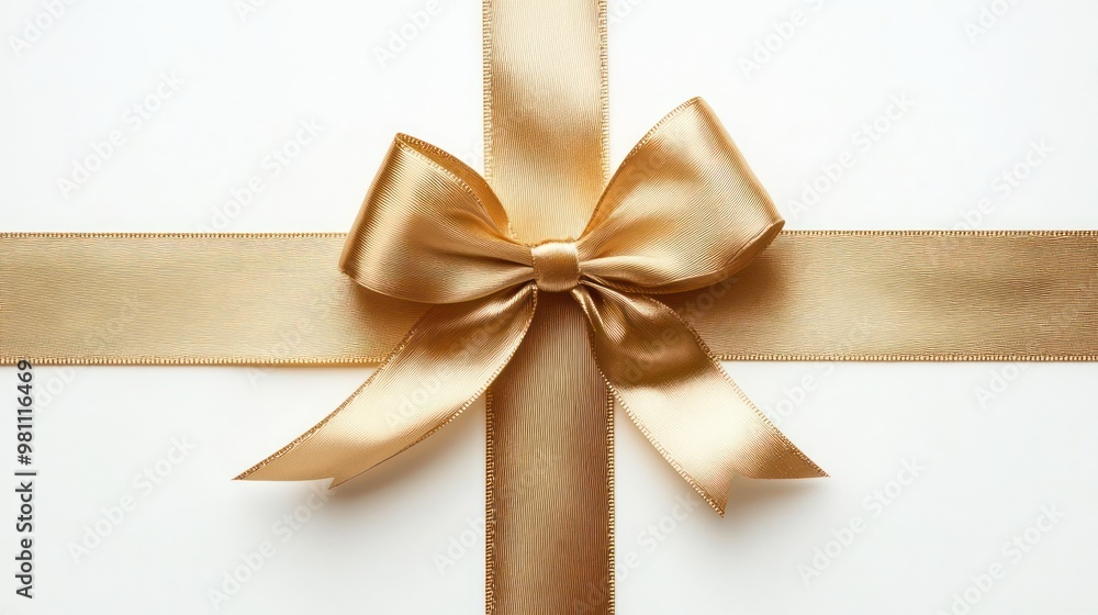 Gold satin ribbon cross with bow isolated on white, top view Gold satin ribbon cross with bow isolated on white, top view