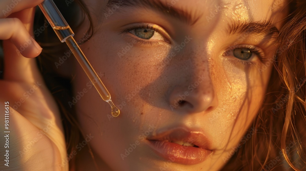 Obraz premium Applying face serum with a dropper while bathed in morning light that highlights their inherent beauty