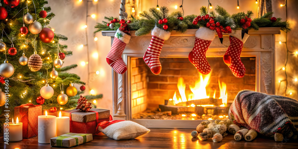 Obraz premium Soft Focus Christmas Scene with Cozy Fireplace, Stockings, and Holiday Decorations � Warm Atmosphere Perfect for Stock Photography and Festive Messaging