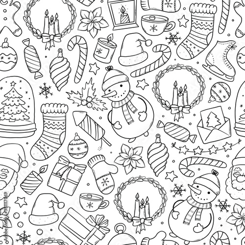 Wallpaper Mural Christmas monochrome seamless pattern with cute doodles for coloring pages, wallpaper, wrapping paper, textile prints, digital paper, etc. EPS 10 Torontodigital.ca