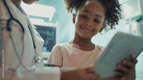 Obraz na płótnie Happy child engaged with doctor using a tablet, showcasing modern healthcare. Smiles and technology in a pediatric setting. w salonie