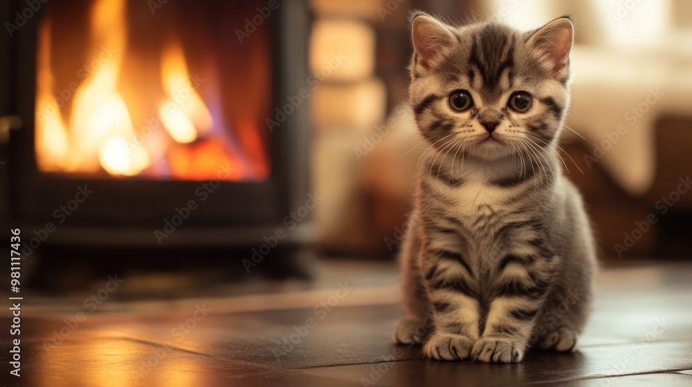 Adorable Scottish Fold Kitten Enjoying Cozy Evening by Fireplace with Natural Lighting Adorable Scottish Fold Kitten Enjoying Cozy Evening by Fireplace with Natural Lighting