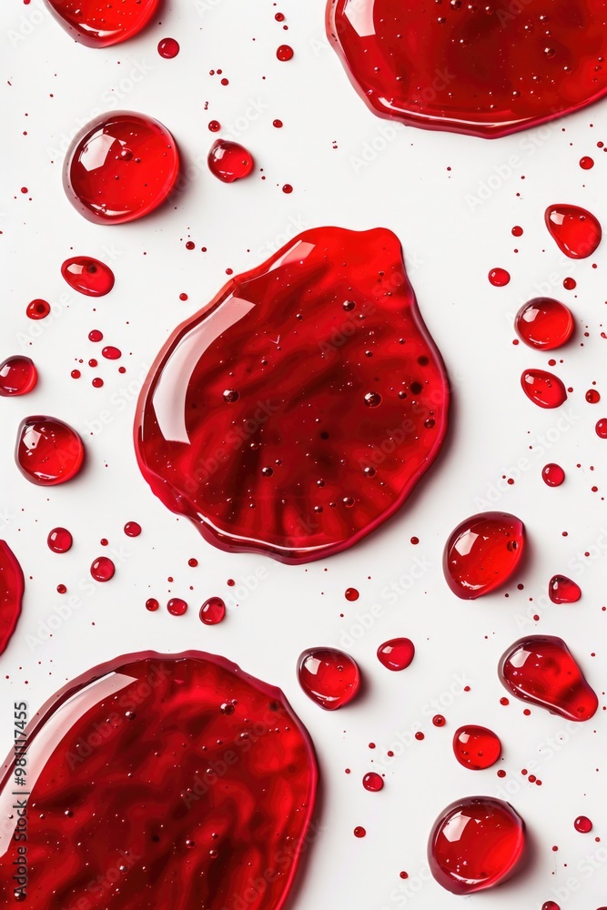 A close-up shot of numerous red water drops on a white surface A close-up shot of numerous red water drops on a white surface