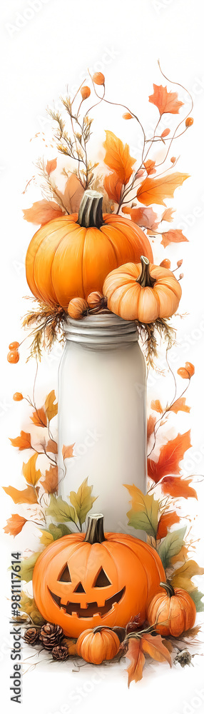 A white jar with a pumpkin and a pumpkin with a pumpkin on top of it. The jar is surrounded by leaves and pumpkins A white jar with a pumpkin and a pumpkin with a pumpkin on top of it. The jar is surrounded by leaves and pumpkins