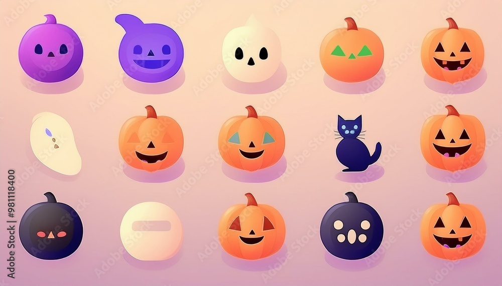 Classic Halloween Icons: A set of simple, flat icons featuring classic Halloween symbols like a pumpkin, ghost, bat, witch hat, black cat, and spider. 3D icon set halloween. 3D halloween. icon Classic Halloween Icons: A set of simple, flat icons featuring classic Halloween symbols like a pumpkin, ghost, bat, witch hat, black cat, and spider. 3D icon set halloween. 3D halloween. icon