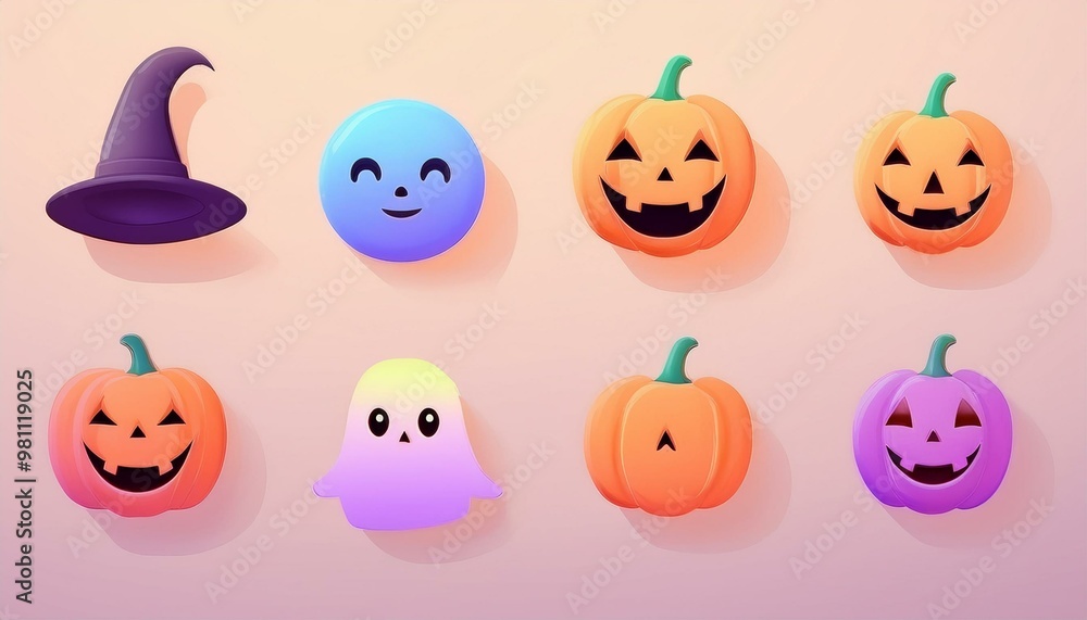 Classic Halloween Icons: A set of simple, flat icons featuring classic Halloween symbols like a pumpkin, ghost, bat, witch hat, black cat, and spider. 3D icon set halloween. 3D halloween. icon Classic Halloween Icons: A set of simple, flat icons featuring classic Halloween symbols like a pumpkin, ghost, bat, witch hat, black cat, and spider. 3D icon set halloween. 3D halloween. icon