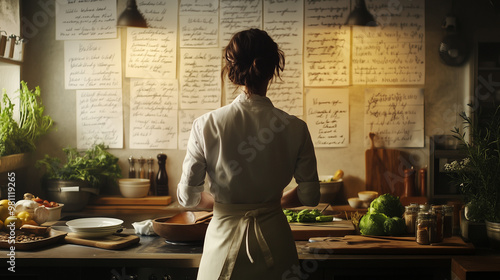 Chef preparing ingredients while referencing handwritten recipe notes on the wall. photo