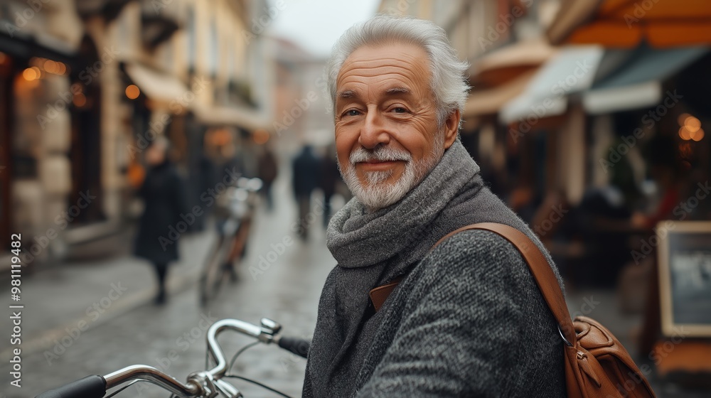A refined elderly man wearing a sophisticated grey scarf stands casually against a vintage bicycle on a cobblestone street in a historic city A refined elderly man wearing a sophisticated grey scarf stands casually against a vintage bicycle on a cobblestone street in a historic city