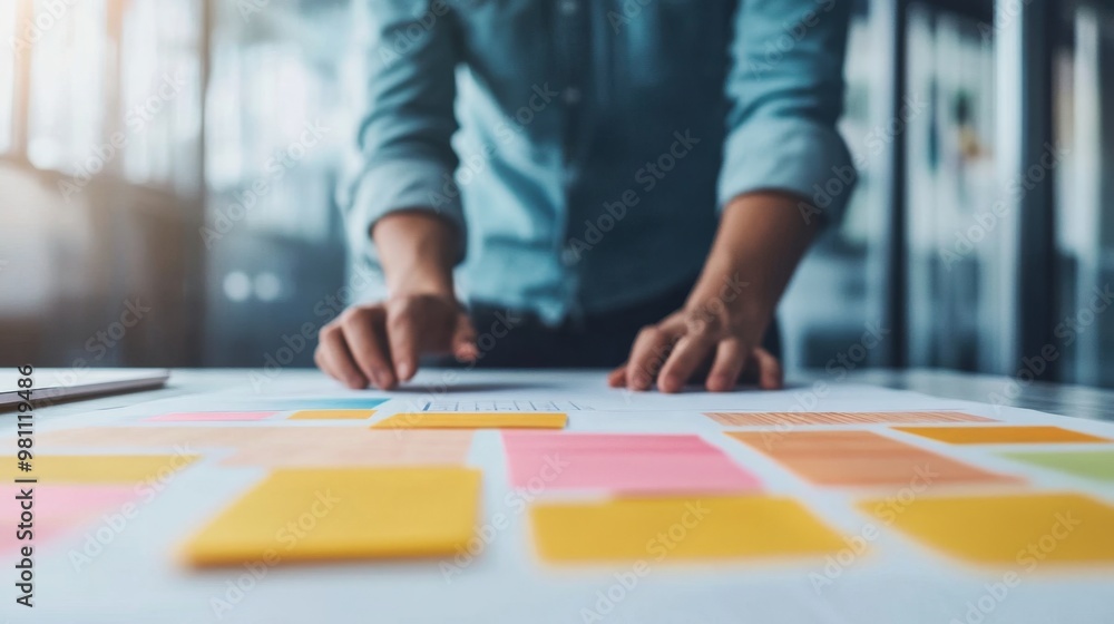 A businessman in a casual shirt organizing project ideas on a desk covered with colorful sticky notes, planning strategy and goals. A businessman in a casual shirt organizing project ideas on a desk covered with colorful sticky notes, planning strategy and goals.