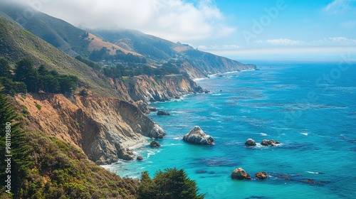 The rugged coastline and turquoise waters of Big Sur, California, USA.