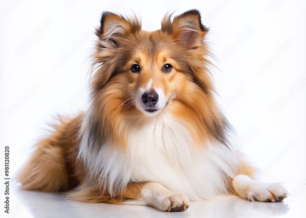 Adorable Shetland Sheepdog with fluffy coat and endearing eyes poses on a pristine white background, highlighting its gentle nature and striking features. Adorable Shetland Sheepdog with fluffy coat and endearing eyes poses on a pristine white background, highlighting its gentle nature and striking features.