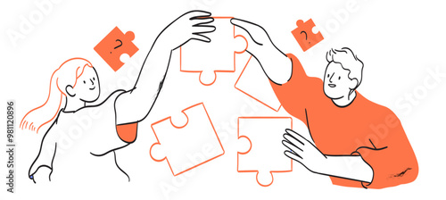 Vector illustration people doing jigsaw puzzle together in outline style. Company employees coordination, personnel productivity, effective team building and management, teamwork, leadership concept.