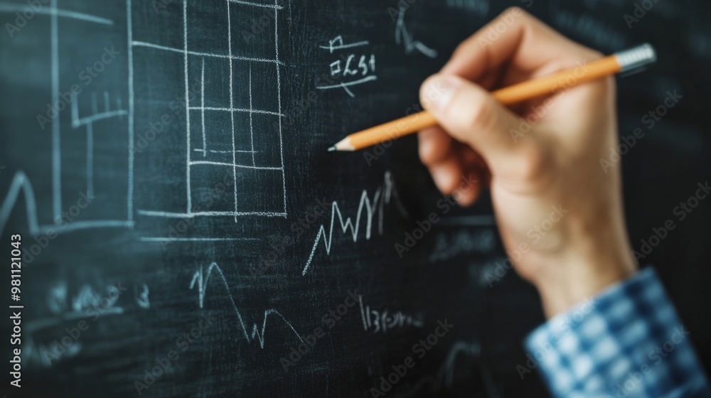 A person’s hand with a pencil drawing graphs and data charts on a blackboard, representing analysis and business planning. A person’s hand with a pencil drawing graphs and data charts on a blackboard, representing analysis and business planning.