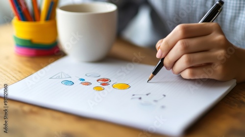 Close-up of a hand drawing colorful circles in a notebook, symbolizing creativity, brainstorming, and visual thinking during a creative process.