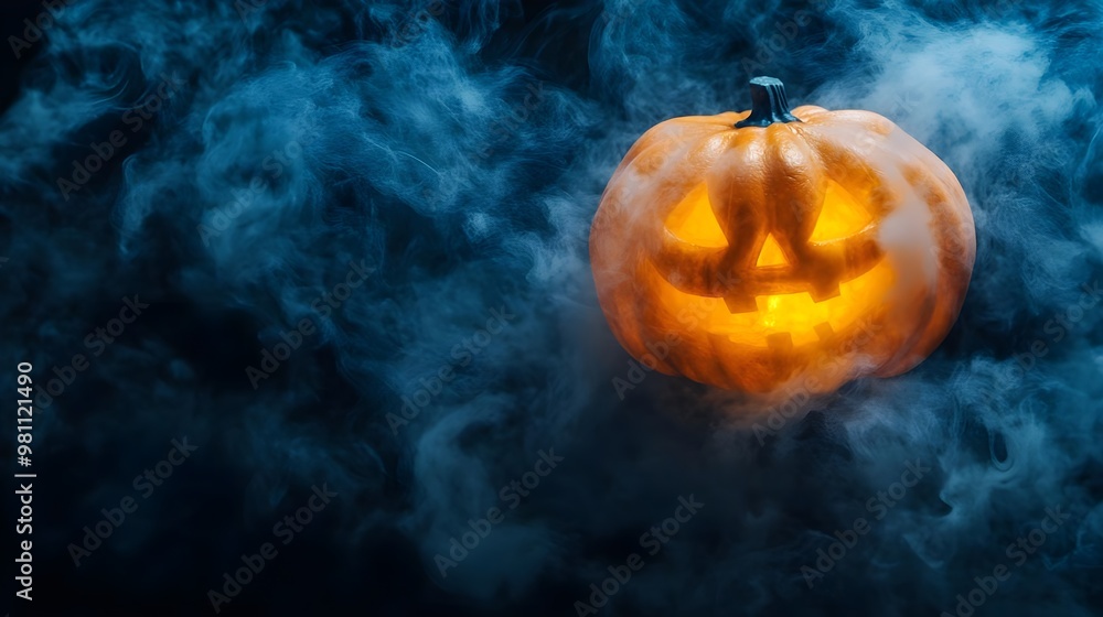 Naklejka premium Glowing Halloween Pumpkin in Blue Smoke