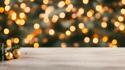 Festive Christmas Background with Wooden Table and Lights