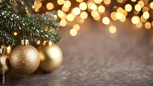 Festive Gold Christmas Ornaments with Bokeh Lights