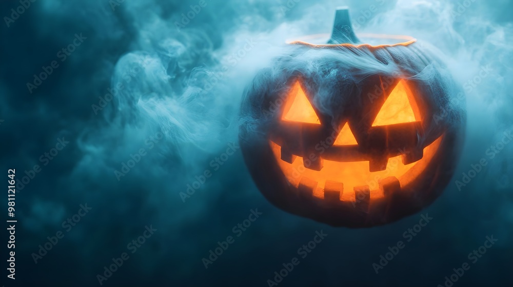 Naklejka premium Glowing Jack-o'-Lantern in Smoke for Halloween