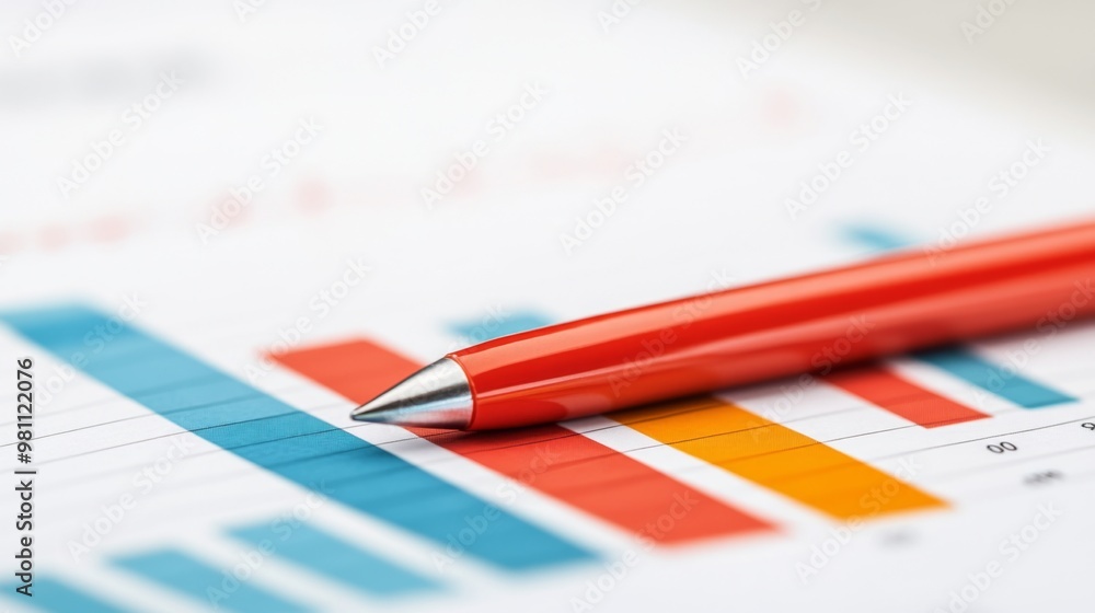 A red pen resting on a financial report with colorful bar graphs, representing data analysis, business strategy, and financial planning. A red pen resting on a financial report with colorful bar graphs, representing data analysis, business strategy, and financial planning.