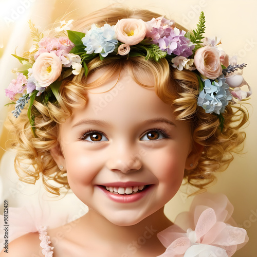 Beautiful smiling girl with a wreath of flowers on her head 