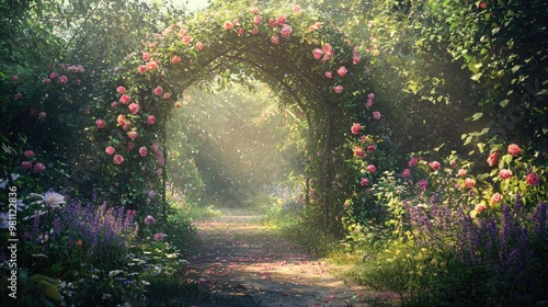 An enchanted garden with an archway covered in lush roses and ivy, bathed in soft morning light. Dewdrops glisten on the petals, and a gentle breeze 