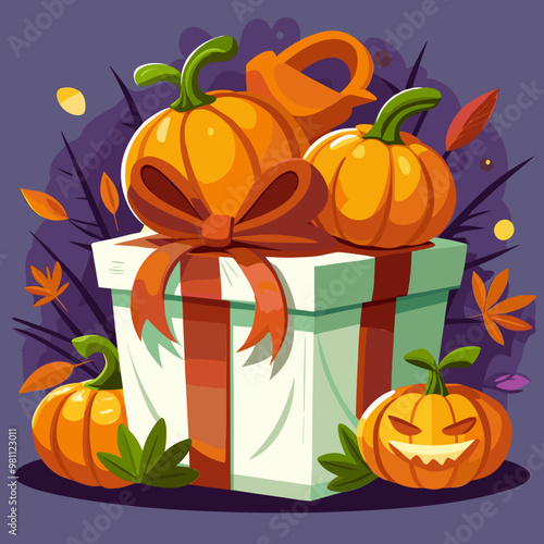 Halloween gift box with pumpkins and autumn leaves for festive celebration
