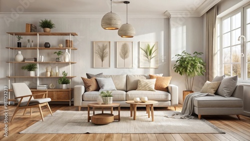 Scandinavian style living room with cozy textures and minimalist decor