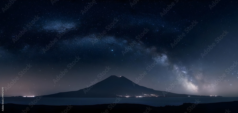 A stunning night view of a majestic mountain under a starry sky, showcasing the beauty of nature and the cosmos. A stunning night view of a majestic mountain under a starry sky, showcasing the beauty of nature and the cosmos.