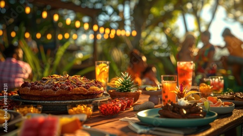 Festive Outdoor Dinner Party with Delicious Food and Warm Ambiance