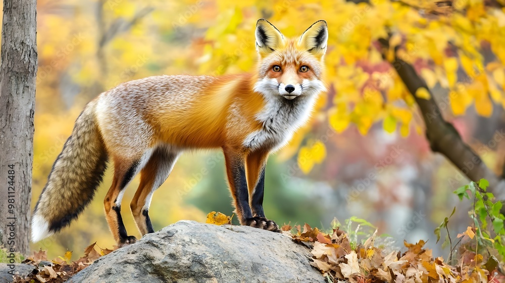 A stunning red fox stands on a rock amidst vibrant autumn foliage, showcasing the beauty of nature in a captivating landscape. A stunning red fox stands on a rock amidst vibrant autumn foliage, showcasing the beauty of nature in a captivating landscape.