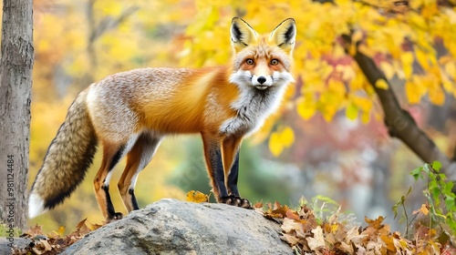 A stunning red fox stands on a rock amidst vibrant autumn foliage, showcasing the beauty of nature in a captivating landscape.