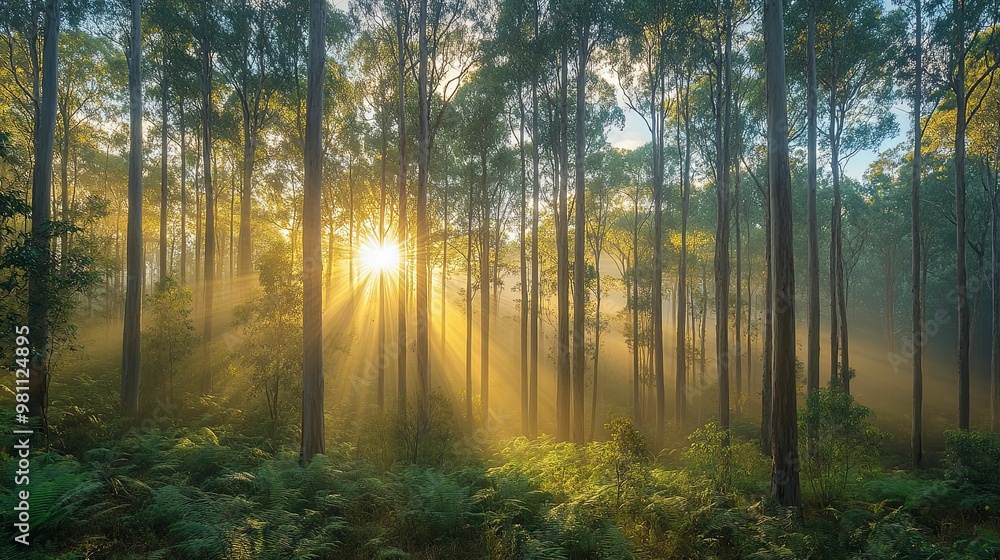 Sunbeams Through a Misty Eucalyptus Forest Sunbeams Through a Misty Eucalyptus Forest