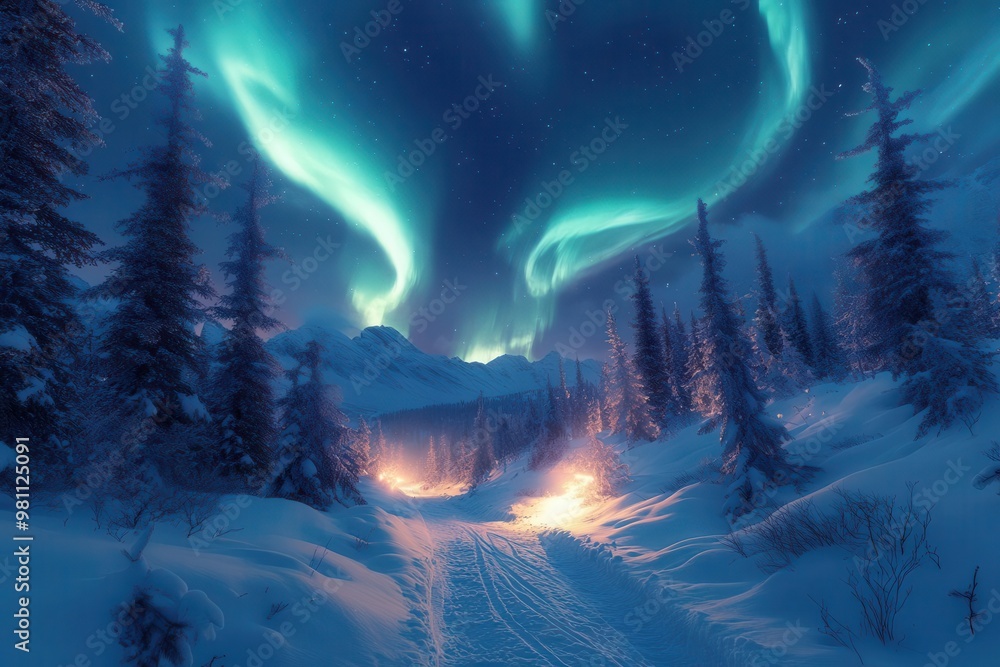 Obraz premium enchanting winter trail winding through snowcovered pines illuminated by vibrant auroras painting the night sky in swirling greens and purples
