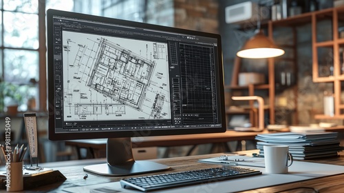 An office desk with a modern computer monitor displaying detailed millwork shop drawings in AutoCAD. The screen shows intricate cabinet 