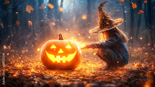 Wallpaper Mural A girl is standing in front of a pumpkin with a smile on her face. She is wearing a witch's hat and she is playing with the pumpkin. The scene has a playful and lighthearted mood Torontodigital.ca