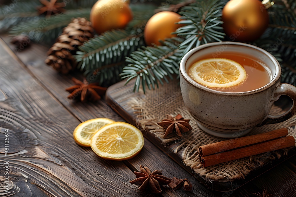 Rustic Christmas Cup of Tea with Lemon Slices on Wooden Table - Seasonal Holiday Beverage Concept Rustic Christmas Cup of Tea with Lemon Slices on Wooden Table - Seasonal Holiday Beverage Concept
