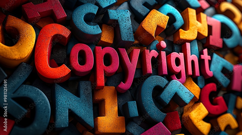 Fototapeta premium Colorful 3D copyright text among scattered letters