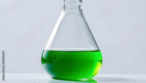 Chemistry boiling glass flask with an emissive green liquid in a loop image with transparency isolated with white highlights, png photo