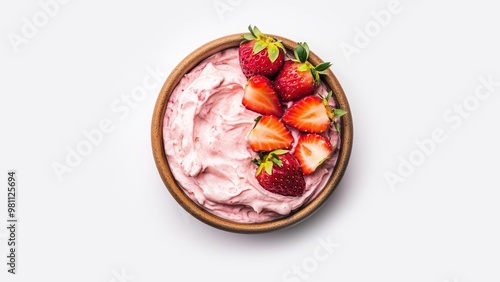 white background, a bowl of strawberry creame in the middle