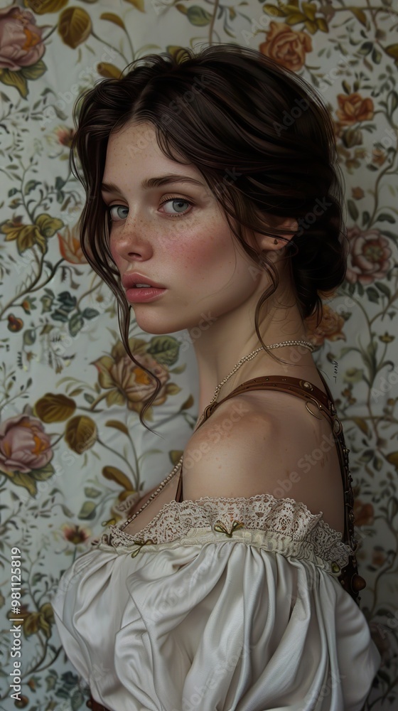 Portrait of a Woman in a White Dress with Floral Background Portrait of a Woman in a White Dress with Floral Background