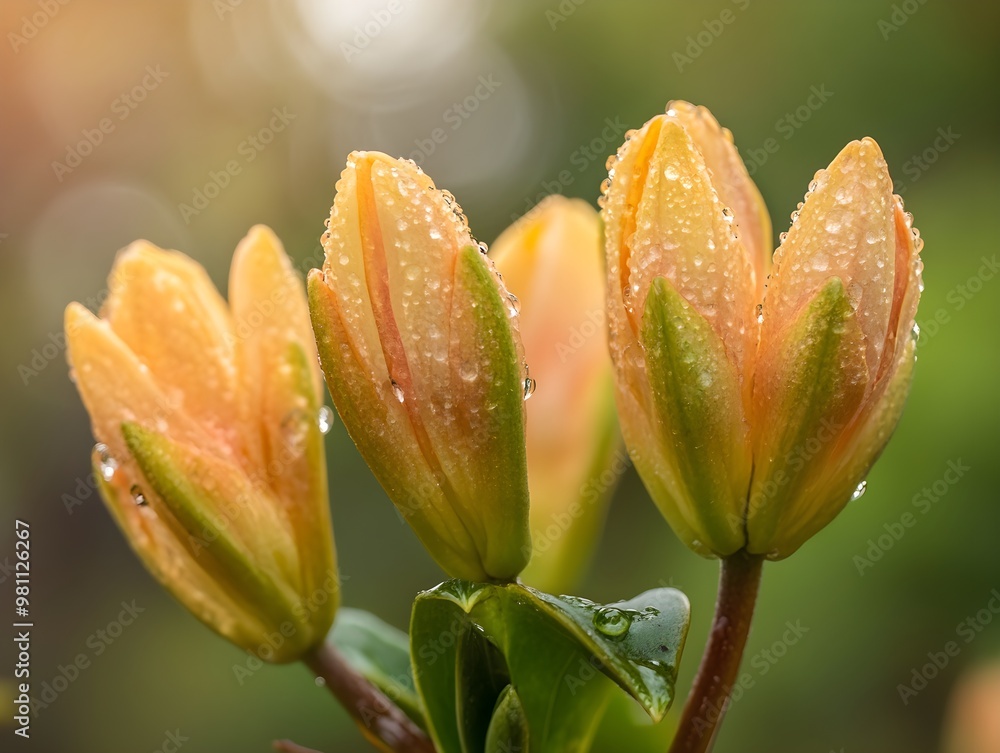 Fototapeta premium Close-up of three peach-colored flower buds, covered in dew drops, glowing in soft sunlight against a blurred green background.