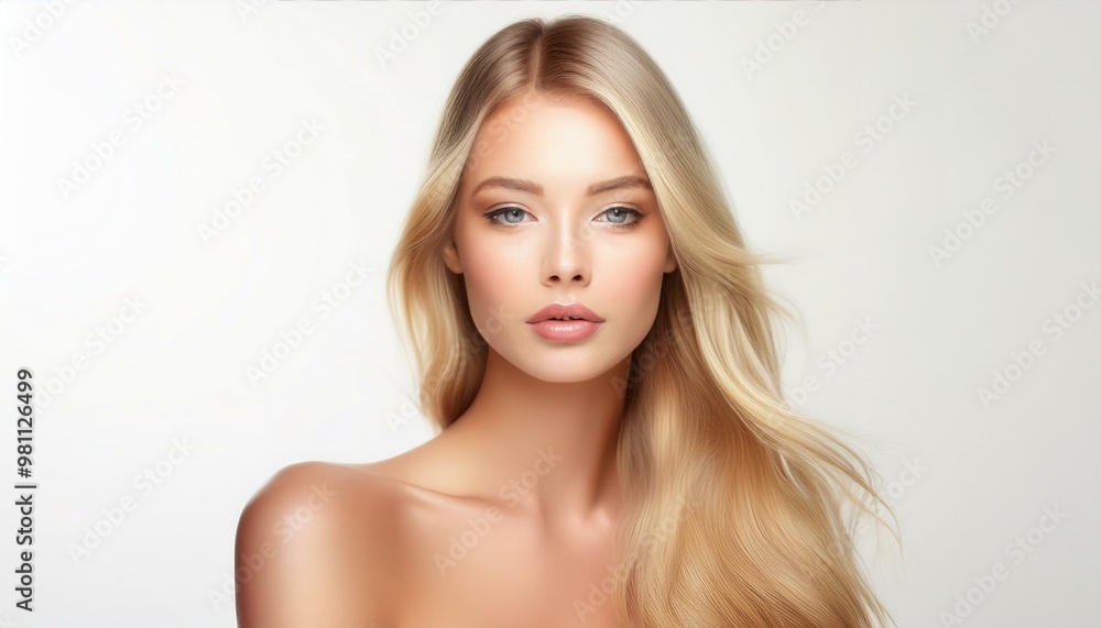 studio portrait of a blonde woman with nude shoulders on white background studio portrait of a blonde woman with nude shoulders on white background