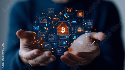 A person holds a digital representation of Bitcoin surrounded by various technology and finance icons, symbolizing cryptocurrency and innovation.