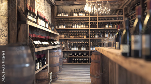 Rustic Wine Shop with Wooden Racks and Hanging Wine Glasses